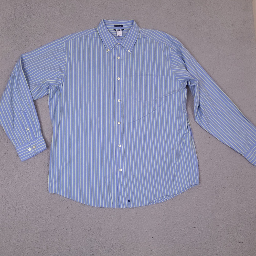Gap Shirt Mens Large Blue Green Striped Relaxed Button Down Pocket Long Sleeve